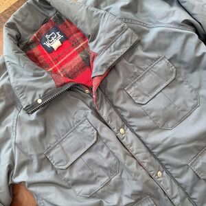 Vintage Woolrich Jacket Mens Large Gray Insulated Parka Plaid Wool Lined USA